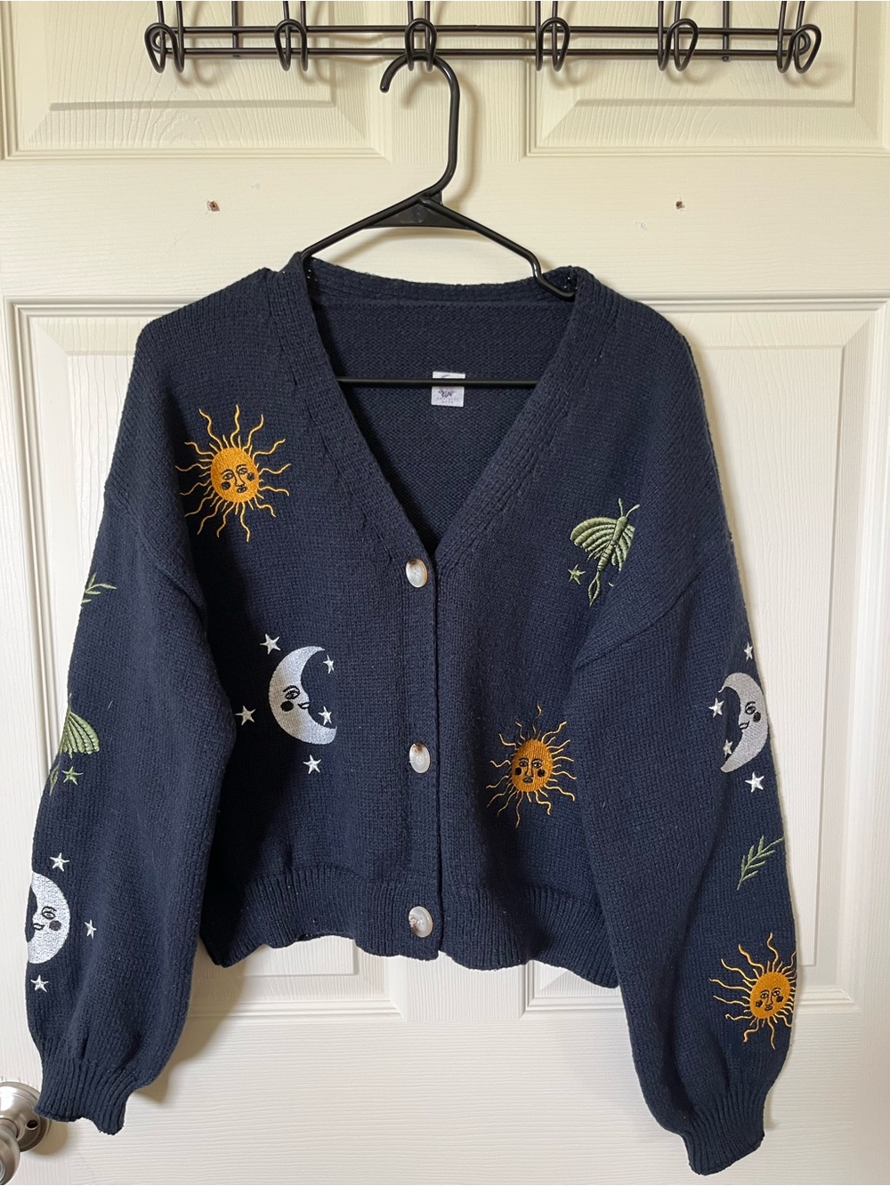 Navy Sun & Moon Embroidered Cardigan Sweater